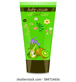 High quality original trendy vector kiwi Baby cream tube with kids design and crocodile or alligator on floral background illustration