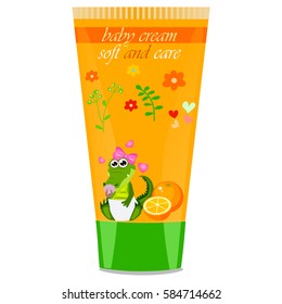 High quality original trendy vector orange Baby cream tube with kids design and crocodile or alligator on floral background illustration