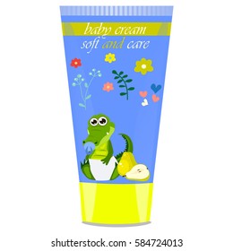 High quality original trendy vector pear Baby cream tube with kids design and crocodile or alligator on floral background illustration