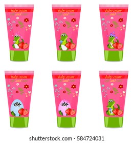 High quality original trendy vector strawberry Baby cream tube with kids design and crocodile or alligator on floral background illustration