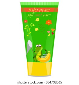 High quality original trendy vector banana Baby cream tube with kids design and crocodile or alligator on floral background illustration
