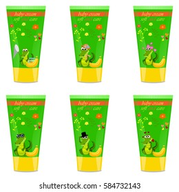 High quality original trendy vector banana Baby cream tube with kids design and crocodile or alligator on floral background illustration