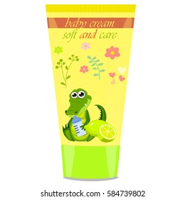 High quality original trendy vector lime Baby cream tube with kids design and crocodile or alligator on floral background illustration