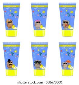 High quality original trendy vector pear Baby cream tube with kids design and owl on floral background illustration