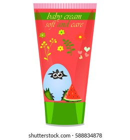 High quality original trendy vector Baby watermelon cream tube with kids design and crocodile or alligator on floral background illustration