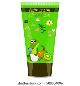 High quality original trendy vector kiwi Baby cream tube with kids design and crocodile or alligator on floral background illustration