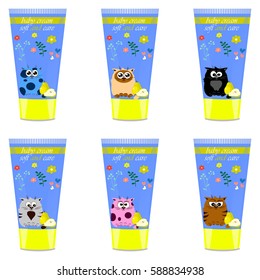 High quality original trendy vector Baby cream tube with kids design and cat, pear illustration