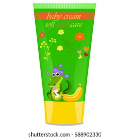 High quality original trendy vector banana Baby cream tube with kids design and crocodile or alligator on floral background illustration
