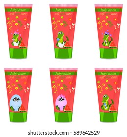 High quality original trendy vector Baby watermelon cream tube with kids design and crocodile or alligator on floral background illustration