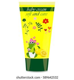 High quality original trendy vector lemon Baby cream tube with kids design and crocodile or alligator on floral background illustration