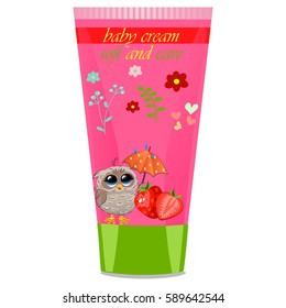 High quality original trendy vector strawberry Baby cream tube with kids design and owl on floral background illustration