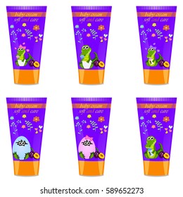 High quality original trendy vector plum Baby cream tube with kids design and crocodile or alligator on floral background illustration