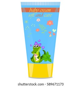 High quality original trendy vector mint Baby cream tube with kids design and crocodile or alligator on floral background illustration