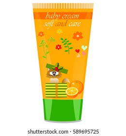 High quality original trendy vector Baby cream tube with kids design and cat, orange illustration