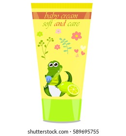 High quality original trendy vector lime Baby cream tube with kids design and crocodile or alligator on floral background illustration