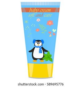 High quality original trendy vector Baby cream tube with kids design and penguin,mint illustration