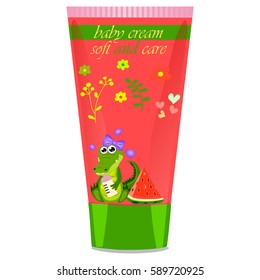 High quality original trendy vector Baby watermelon cream tube with kids design and crocodile or alligator on floral background illustration