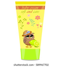 High quality original trendy vector lime Baby cream tube with kids design and owl on floral background illustration