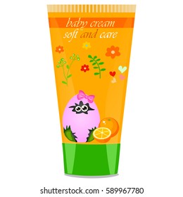 High quality original trendy vector orange Baby cream tube with kids design and crocodile or alligator on floral background illustration