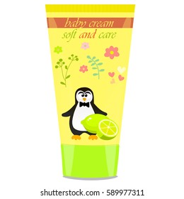 High quality original trendy vector Baby cream tube with kids design and penguin, lime illustration