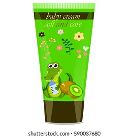 High quality original trendy vector kiwi Baby cream tube with kids design and crocodile or alligator on floral background illustration