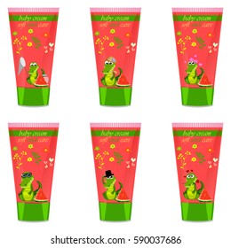 High quality original trendy vector Baby watermelon cream tube with kids design and crocodile or alligator on floral background illustration