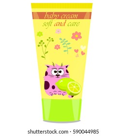 High quality original trendy vector Baby cream tube with kids design and cat, lime illustration
