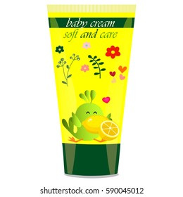 High quality original trendy vector Baby cream tube with kids design and bird, lemon illustration