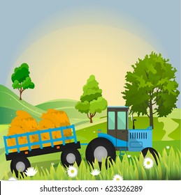 High quality original trendy vector illustration of Farm tractor with wagons full of hay near old Barn on green meadow