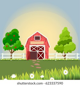 High quality original trendy vector illustration of old Barn and green field with chamomile or daisy and apple tree on background