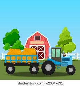 High quality original trendy vector illustration of Farm tractor with wagons full of hay near old Barn and green field with apple tree on background