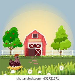 High quality original trendy vector illustration of a hen and eggs Hen or chicken in nest sitting on eggs on farm with fruit trees and chamomile, Farm animals collection.
