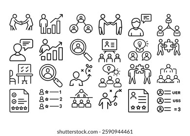 High quality outline vector icons for stakeholder business, representing teamwork, collaboration, corporate structure, leadership, and decision-making. Perfect for business presentations.