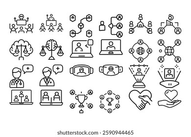 High quality outline vector icons for stakeholder business, representing teamwork, collaboration, corporate structure, leadership, and decision-making. Perfect for business presentations.