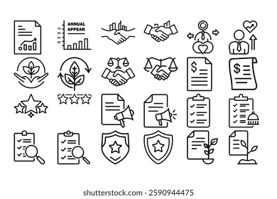 High quality outline vector icons for stakeholder business, representing teamwork, collaboration, corporate structure, leadership, and decision-making. Perfect for business presentations.