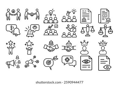 High quality outline vector icons for stakeholder business, representing teamwork, collaboration, corporate structure, leadership, and decision-making. Perfect for business presentations.