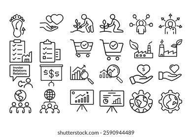 High quality outline vector icons for stakeholder business, representing teamwork, collaboration, corporate structure, leadership, and decision-making. Perfect for business presentations.