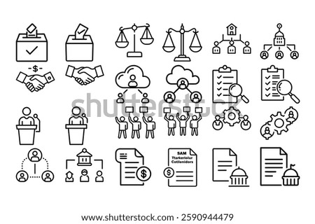 High quality outline vector icons for stakeholder business, representing teamwork, collaboration, corporate structure, leadership, and decision-making. Perfect for business presentations.