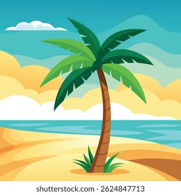 High quality palm tree vector with a bright beach backdrop. Ideal for web design, prints, and tropical themed branding.