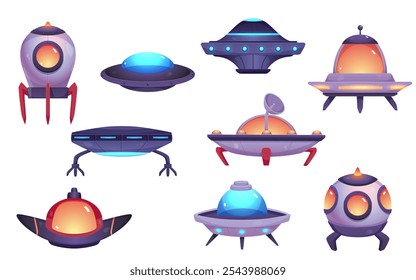 High quality photo Vector collection of UFO spacecraft with bright lights and rocket engines. Alien ships to travel in space and explore the galaxy.