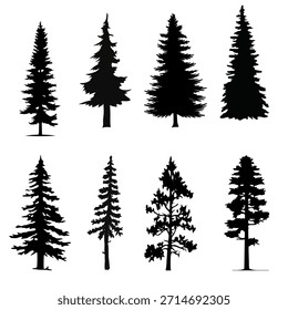Colección de silueta de pino de alta calidad con diversos estilos y alturas. Ideal para fondos naturales, marcas forestales, diseños al aire libre e ilustraciones ambientales.

