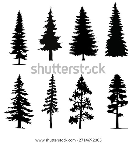 High quality pine tree silhouette collection with diverse styles and heights. Ideal for natural backgrounds, forest branding, outdoor designs, and environmental illustrations.
