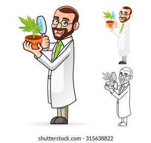 High Quality Plant Scientist Cartoon Character Looking at a Plant Through a Magnifying Glass Include Flat Design and Line Art Version