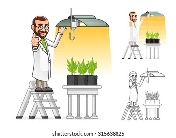 High Quality Plant Scientist Cartoon Character Hanging A Grow Light Include Flat Design And Line Art Version