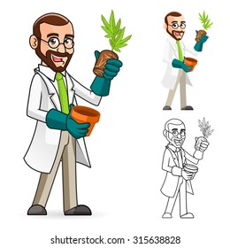 High Quality Plant Scientist Cartoon Character Inspecting The Roots of a Plant Include Flat Design and Line Art Version