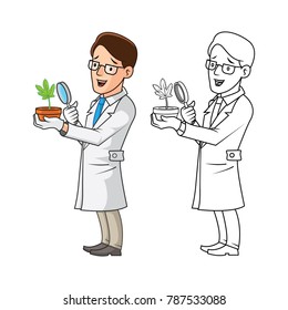 High Quality Plant Scientist Cartoon Character Looking at a Plant Through a Magnifying Glass Include and Line Art Version