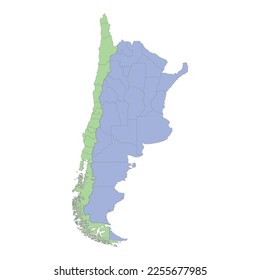 High quality political map of Argentina and Chile with borders of the regions or provinces. Vector illustration