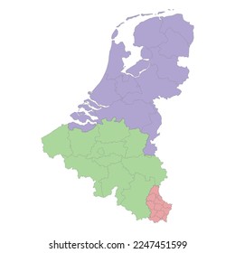 High quality political map of Belgium, Netherlands and Luxembourg with borders of the regions or provinces. Vector illustration