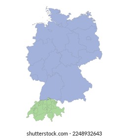 High quality political map of Germany and Switzerland with borders of the regions or provinces. Vector illustration