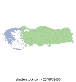 High quality political map of Greece and Turkey with borders of the regions or provinces. Vector illustration